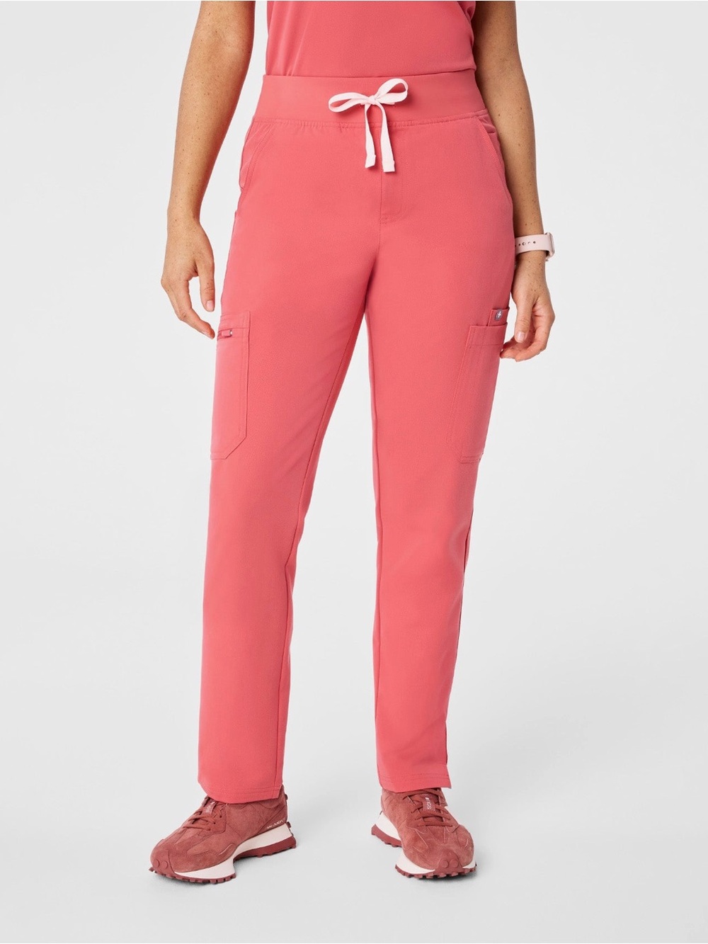Figs Coral Drawstring Cargo Joggers with White Tie